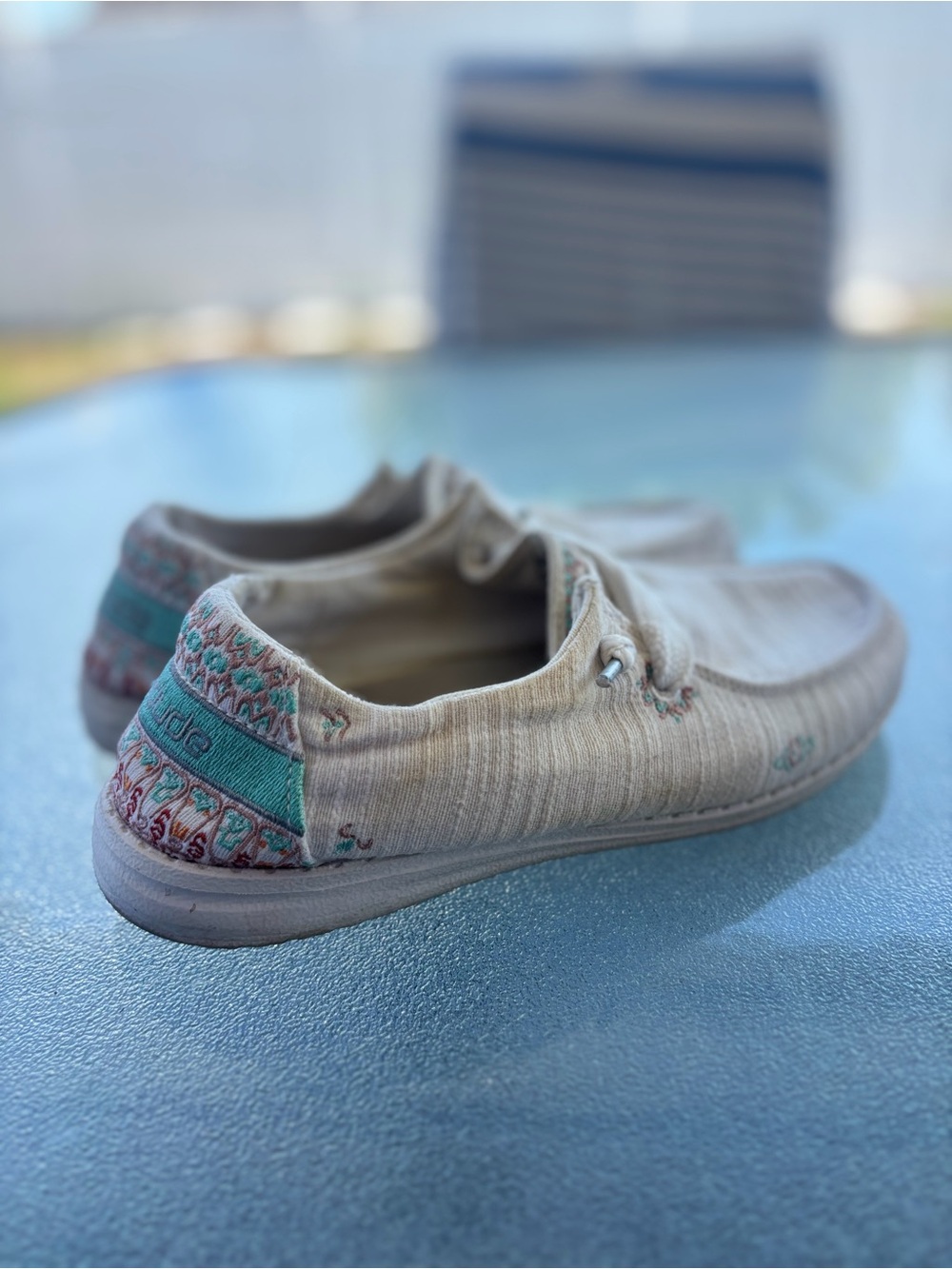 Hey Dude Beige Canvas Slip-On Sneakers with Teal Heel Accent Wendy Flora